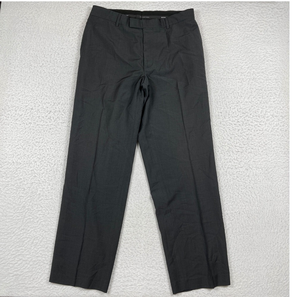 Hugo Boss Dress Pants Mens 33x31 Charcoal Gray Flat Front Trousers‎ Business